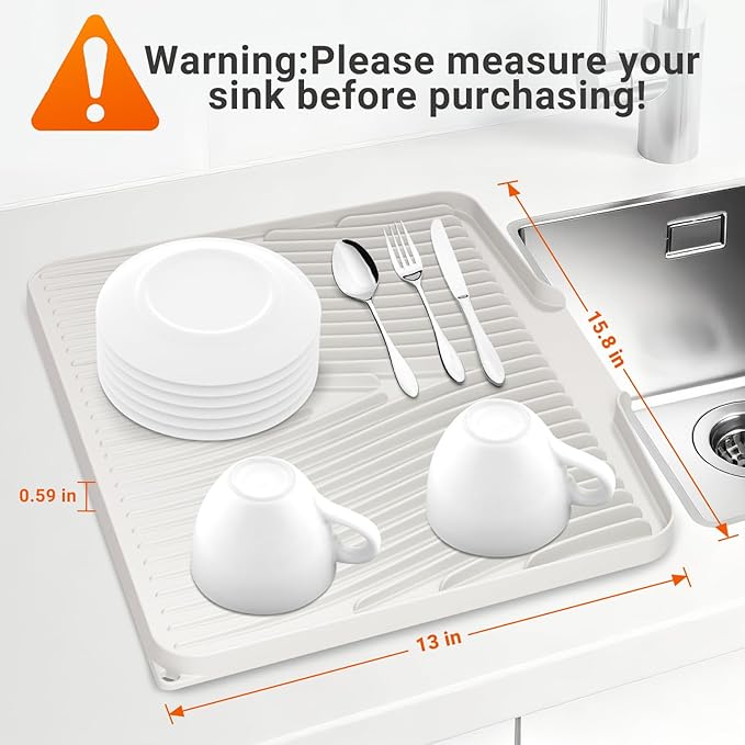 Silicone Dish Drying Mat for Kitchen Counter, Non-Slip Drain Pad, Dish Drying Pad, Easy to Clean Dish Rack Pad, Multi-Use as Heat Resistant Trivet, 15.8" x 13" , Cream