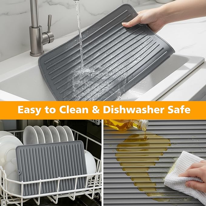 Songrey 24" x 18" Silicone Dish Drying Mat, Kitchen Counter Drying Pad for Sink Dishes or Under Rack, Multi-Use as Heat Resistant Trivet, Coffee Bar Mat