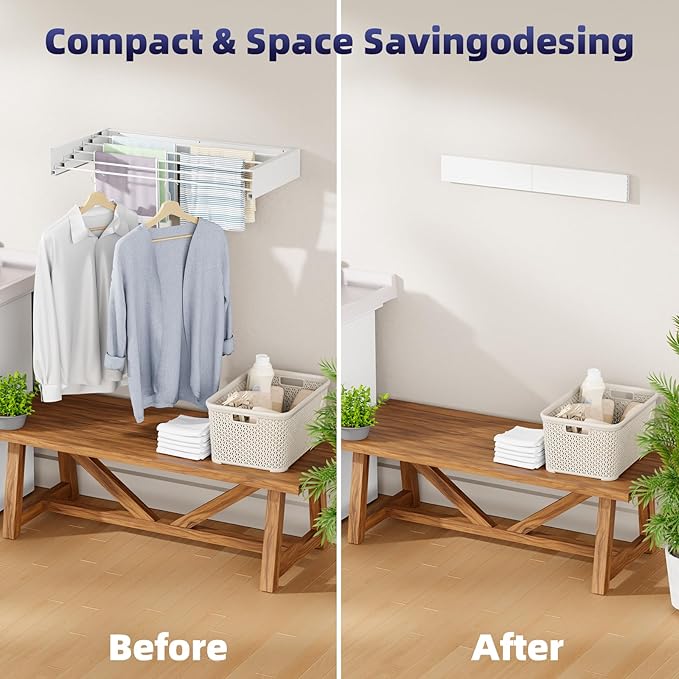 ZMBESUP Foldable Wall Mounted Laundry Drying Rack, 31.5 Inch Wide Space-Saving Clothes Drying Rack with 5 Aluminum Rods, 13.2 Linear Feet Drying Space, 60 lb Capacity,（ White）