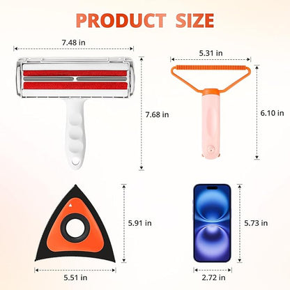 Pet Hair Removal Tool Kit,Cat and Dog Hair Remover for Couch Furniture Carpet Fur Lint with Reusable lint Roller Car Brush and Small Carpet Rake Scraper
