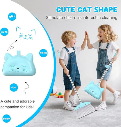 Mini Broom with Dustpan for Kids, 28-in Handle Kids Broom and Dustpan Set for Toddlers Cat-Shaped Children Broom and Cleaning Set Boys Girls Small Housekeeping Helper Set, Blue
