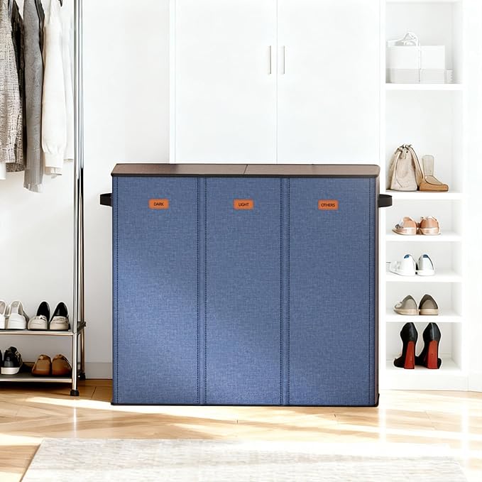 185L Laundry Hamper 3 Section with Lid, Navy Blue 3 Compartment Laundry hamper with 3 Removable Laundry Bags, Large Laundry Basket for Bedroom, Laundry Room, Dorm,