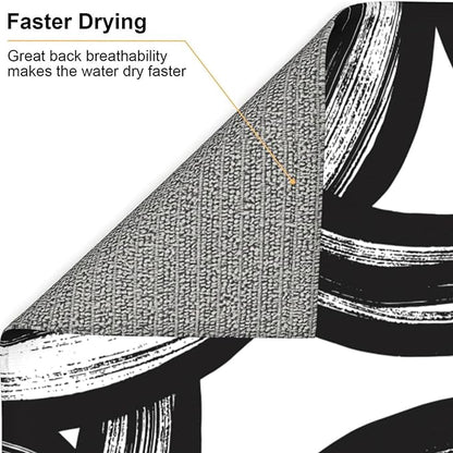 Black and White Abstract Curved Dish Drying Mats, Absorbent Microfiber Modern Drying Pad for Kitchen Counter, Washable Reversible Foldable, 16 x 18 Inch for Dishes, Sink, Utensils, Home Decor, Black