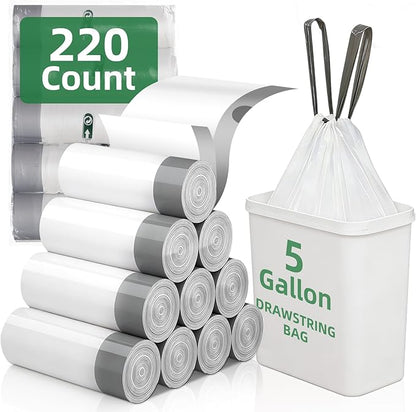 220 Counts 5 Gallon Trash Bag Drawstring Small Trash Bags, Thick Pre-separated Garbage Bags, Trash Bin Liners, Suitable for bathroom, kitchen, bedroom, office (White)