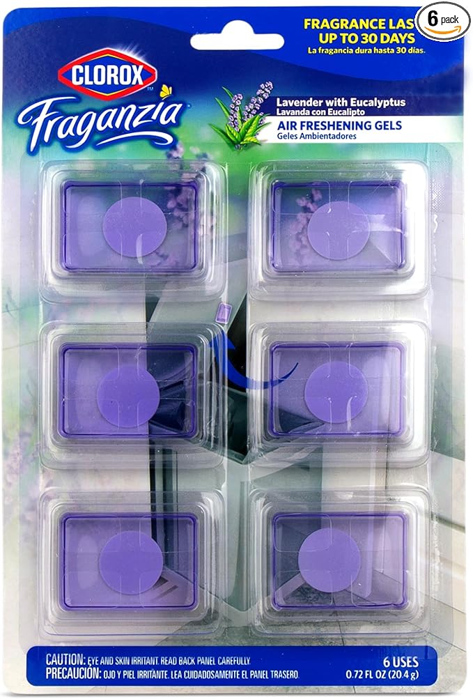 Clorox Fraganzia Stick-On Gel Fresheners, Lavender with Eucalyptus Trash Can Deodorizer Up to 30 Days Scent, Odor Absorber for Kitchen, Bathroom, Closet, No Plug or Batteries, 0.12 Fl Oz, 6 Count