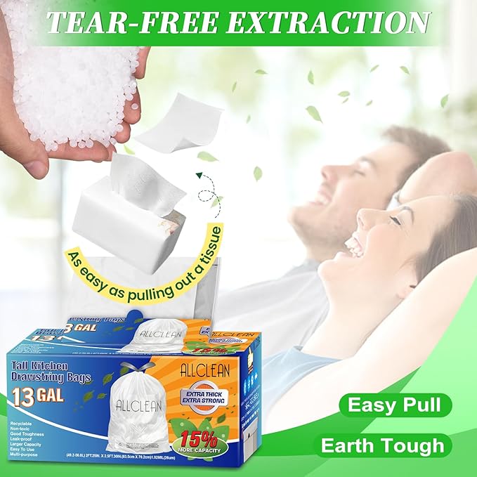 Trash Bags 13 Gallon Tall Kitchen Drawstring Garbage Bags,Fit 13 Gal Bins,Heavy Duty Tear&Leak Resistant Unscented Recyclable Trash Can Liners for Home Office Bathroom Garden Garage Outdoor