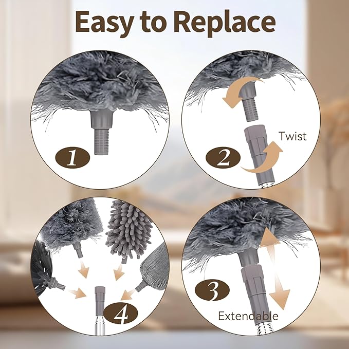 HAMEINY Feather Duster for Cleaning Microfiber Furniture Dusters with Extension Pole 100 Inch High Ceiling Fan Cleaning 5-in-1 Extendable Long Cobweb Duster Car Wall Spider Web Dust Brush