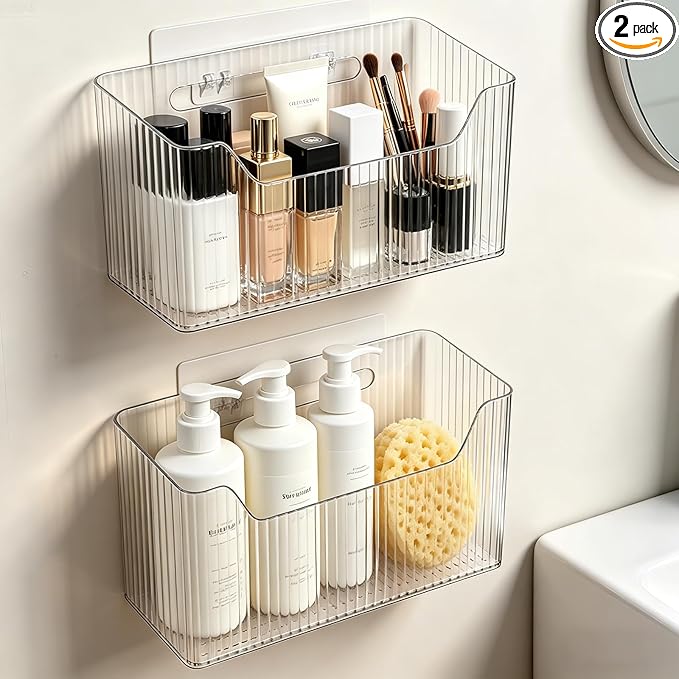 Lae Nuvole Set Of 2 Cabinet Door Organizer Wall Mounted Shower Basket, Shower Caddy Stackable Plastic Adhesive Organizer for Bathroom, Kitchen, Cabinet, Pantry, Makeup, BPA Free, Clear