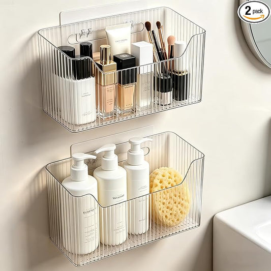 Lae Nuvole Set Of 2 Cabinet Door Organizer Wall Mounted Shower Basket, Shower Caddy Stackable Plastic Adhesive Organizer for Bathroom, Kitchen, Cabinet, Pantry, Makeup, BPA Free, Clear