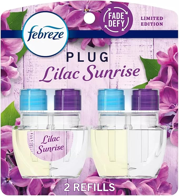 Febrezee Plug In Refills New Edition Plug In for Odor-Fighting Fade Defy PLUG Air Freshener, (2) Count of 0.87 fl oz Refills (Lilac Sunrise)