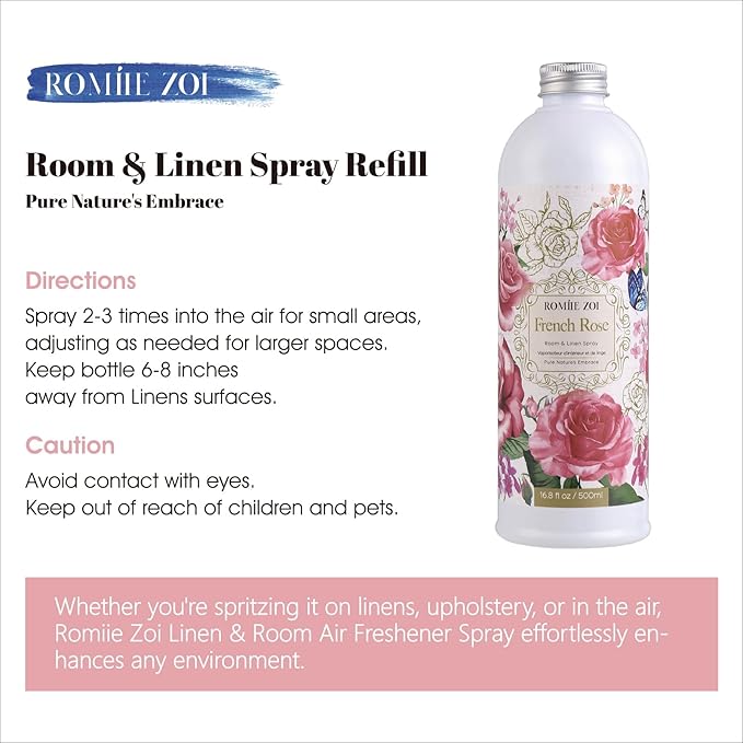 ROMIIE ZOI Rose Room Spray Refill - 500ml / 16.8 Fl Oz - Classic Romantic Floral Scent for a Serene Bedroom - Concentrated Air Freshener