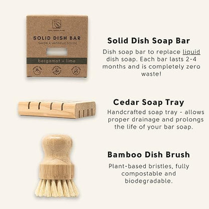 Dish Washing Bundle Kit | Eco-Friendly Solid Dish Soap, Cedar Soap Tray, Bamboo Pot Brush | Organic & Vegan Ingredients, Non-Tox Dish Soap | 3pc. Set