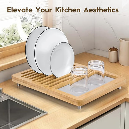 Stone Dish Drying Mats for Kitchen Counter,Dirt-Resistant Quick Dry Absorbent Diatomaceous Earth Dish Drying Mat with Bamboo Rack,Non-Slip Pads & Anti-Moisture Design
