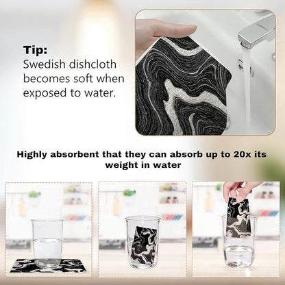 6 Pack Swedish Dishcloths for Kitchen, Swedish Rags Dish Towels, Geometric Reusable Paper Towels Washable Absorbent Cellulose Sponge Cloths No Odor for Cleaning Home Kitchen