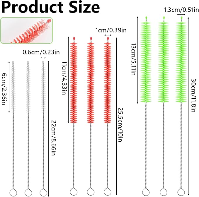 9Pcs Straw Cleaner Brush Set 12"10" 8.5"Long Bendable Reusable Cleaning Brushes with Soft Nylon Bristles for Metal, Silicone, Glass, Bamboo Straws, Tumblers, Sippy Cups, Water Bottles & Pipes (4-16mm)