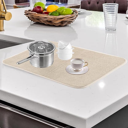 2pcs Large Size Dish Drying Mats with Hanging Loop, 24*18 Inch Absorbent Microfiber Dishes Drainer Mats, Reusable Washable Dish Drying Pad for Countertop (Beige)