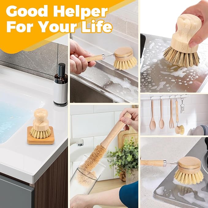 10 Pcs Bamboo Dish Brush Set, Wooden Dish Brush with Long Handle Cup Brush, Short Handle Sisal & Coarse Brushes, Square Rack Tray, Natural Bamboo Bottle Brush for Pots, Pans,Vegetables