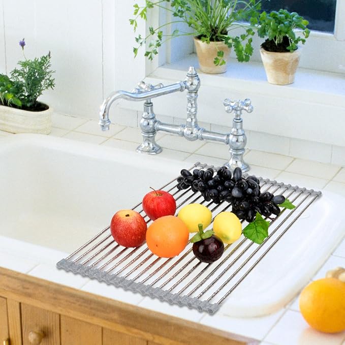 Hhyn Roll-Up Sink Drying Rack 17.7"(L) x 13.8"(W) - Multipurpose Heat Resistant Over The Stainless Steel & Silicone Dish Rollable Kitchen Drainer, Gray