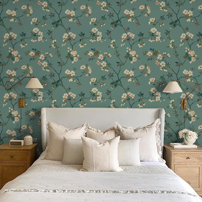 Timeet Floral Wallpaper Peel and Stick Wallpaper Boho Blue/PeachPuff/Green Retro Wall Decor Bedroom Living Room Wall Decor Self Adhesive Removable Mural 16.14in*118.11in
