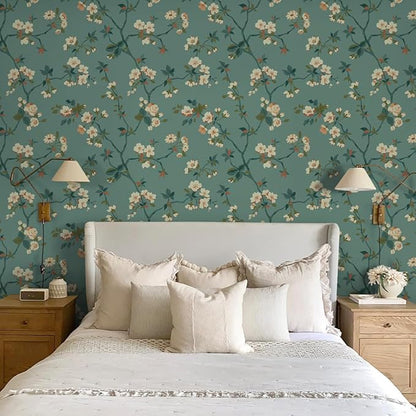 Timeet Floral Wallpaper Peel and Stick Wallpaper Boho Blue/PeachPuff/Green Retro Wall Decor Bedroom Living Room Wall Decor Self Adhesive Removable Mural 16.14in*118.11in