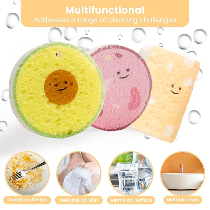 Cellulose Compressed Eco-Sponge 5 Pack- Avocado Sandwich Set |Standard Size| Plastic-Free & Made of All-Natural Wood Pulp | Showering, Dishwashing & Cleaning for Household, Kitchen & Bathroom