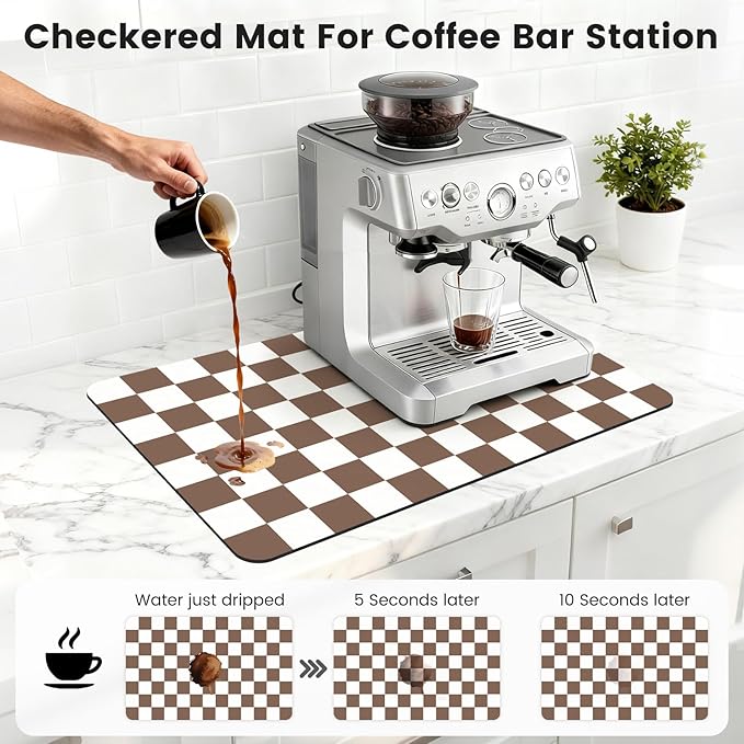 16" x 24" Checkered Dish Drying Mat for Kitchen Counter, Absorbent Coffee Bar Mat for Espresso Machine Coffee Countertops Accessories (Coffee Brown)