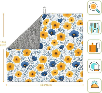Blue Yellow Floral Dish Drying Mats for Kitchen Counter, 16" x 18" Absorbent Microfiber Drying Pad for Dishes, Decorative Kitchen Mat for Sink & Dining Area, Washable Foldable Reversible, Home Decor