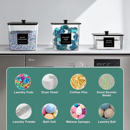 POLRAI 3 Pack Laundry Pod Containers and Dryer Sheet Holder Clear Jars with Bamboo Lids and Labels Laundry Room Organization Containers for Scent Booster Powder Detergent Pods Storage