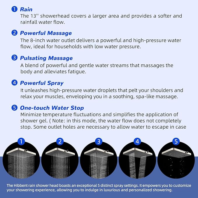 Hibbent cUPC Certified Upgraded 13'' Shower Head Combo, High Pressure 5 Spray Rainfall Showerhead with 10 Sprays Handheld, All Metal 3-way Diverter Shower Arm, 71'' Hose and Holder, Brushed Nickel