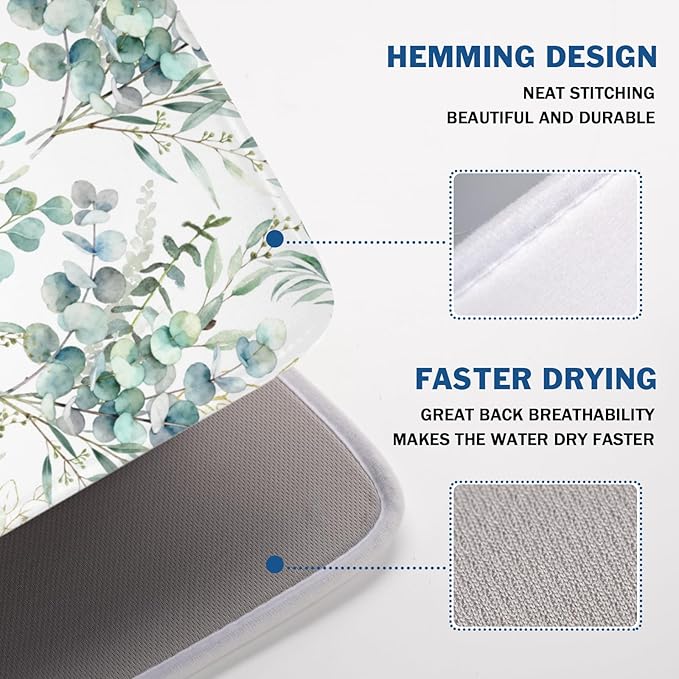 Spring Sage Green Leaves Dish Drying Mat for Kitchen Counter Watercolor Eucalyptus Leaf Drying Mat 18x24 Inch Rustic Farmhouse Absorbent Dish Drainer Mat Kitchen Accessories