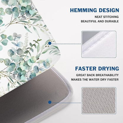 Spring Sage Green Leaves Dish Drying Mat for Kitchen Counter Watercolor Eucalyptus Leaf Drying Mat 18x24 Inch Rustic Farmhouse Absorbent Dish Drainer Mat Kitchen Accessories