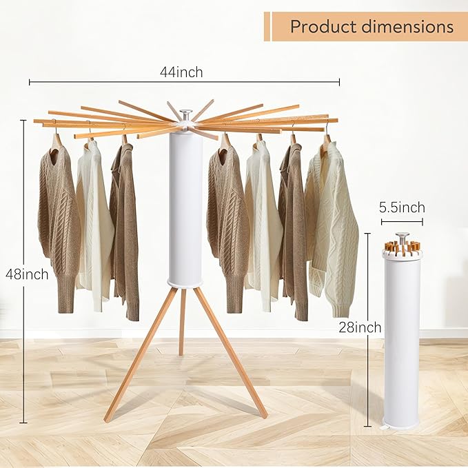 Clothes Drying Rack, Foldable Wooden Tripod Drying Rack Clothing for Small Apartments Balcony Bedroom, Portable Space Saving Laundry Rack, Floor Standing with 16 Poles for Indoor Air Drying