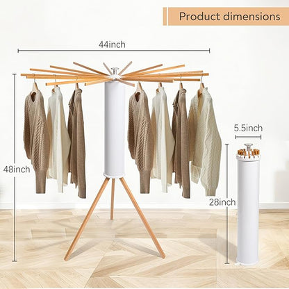Clothes Drying Rack, Foldable Wooden Tripod Drying Rack Clothing for Small Apartments Balcony Bedroom, Portable Space Saving Laundry Rack, Floor Standing with 16 Poles for Indoor Air Drying