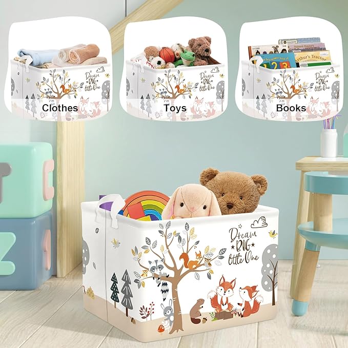 Forest Animals Laundry Hamper Woodland Tree Large Storage Basket Parents Organizer Kids Clothes Toy Bins for Bedroom, Bathroom, Fox, 36L