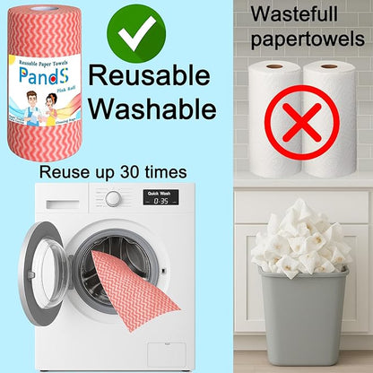 Reusable Paper Towels Washable, 60 Cts Disposable Cleaning Dish Cloths, Multi-Purpose Kitchen Wipes Roll, Pink