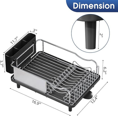 Urackify Stainless Steel Dish Drying Rack - Large Capacity Kitchen Counter Organizer with Drain Board, Utensil Holder & Detachable Cup Shelf, Surgical-Grade Rust-Proof Dish Drainer, Easy Assembly
