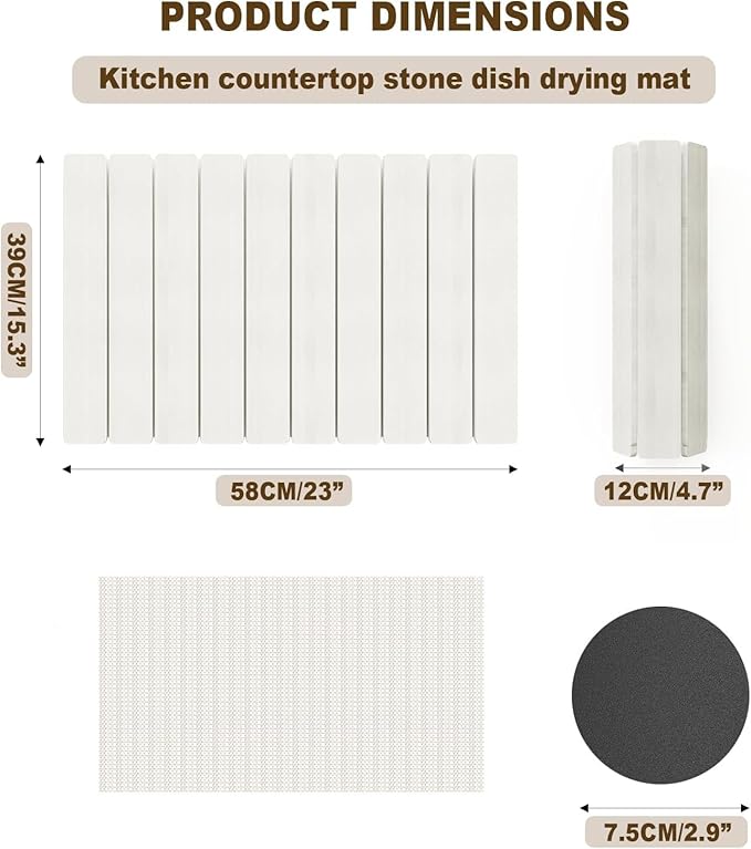 Stone Drying Mat for Kitchen Counter, Large Foldable Stone Dish Drying Mat,Ultra Absorbent Diatomaceous Earth Mats for Countertop Dishes Bottles Cups (23"×15.3",White）