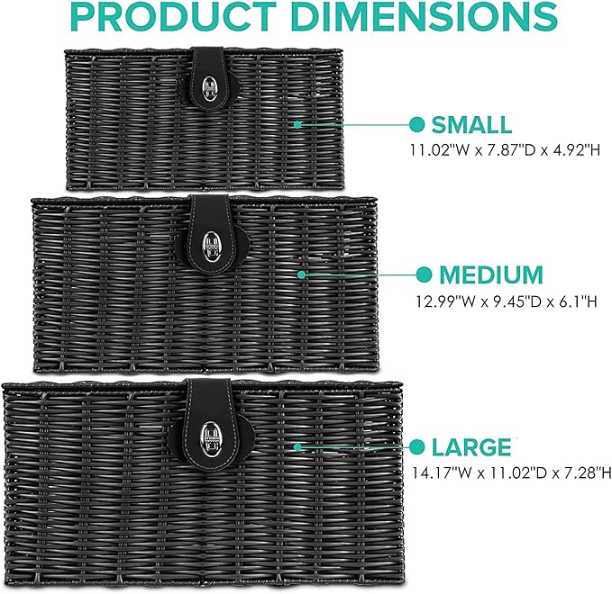 Set of 3 Woven Wicker Storage Basket Box with Lids & Lock, Built-in Carry Handles, Multifunctional Storage Organizer for Nursery, Baby, Clothes, Toys, Books, Large/Medium/Small Size (Black)