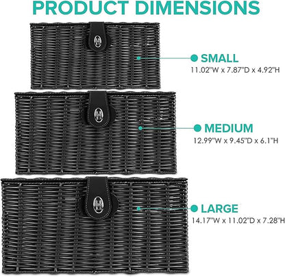 Set of 3 Woven Wicker Storage Basket Box with Lids & Lock, Built-in Carry Handles, Multifunctional Storage Organizer for Nursery, Baby, Clothes, Toys, Books, Large/Medium/Small Size (Black)
