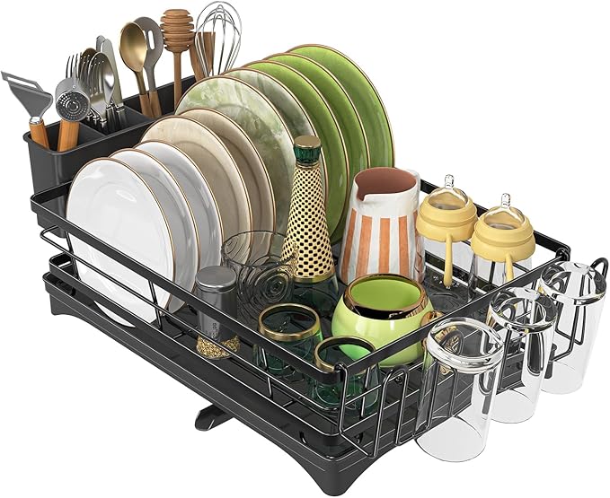 Ekisemio Dish Drying Rack for Kitchen Counter - Large Capacity Dish Drainer with Cutlery Holder & Drip Tray, Space Saving Kitchen Organizer (12x15.7), Black