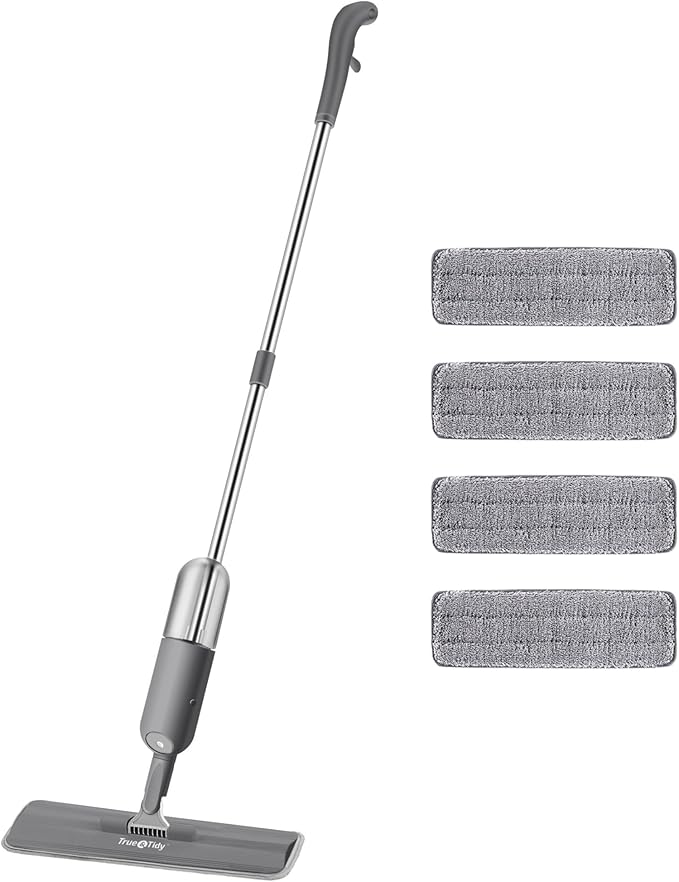 True & Tidy Spray Mop for Floor Cleaning Wet Spray Mop with 12 oz Refillable Bottle and 4 Washable Microfiber Pads Home or Commercial Use Dry Wet Flat Mop for Hardwood Laminate Wood Ceramic (Gray)