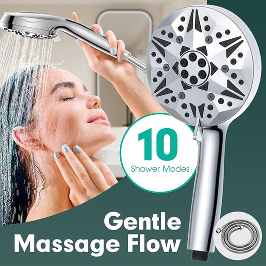 High Pressure Handheld Shower Head – 10 Spray Modes with Rain & Massage, Anti-Clog Nozzles, Power Rinse for Tile, Soap & Pets, Chrome Finish, Easy Installation