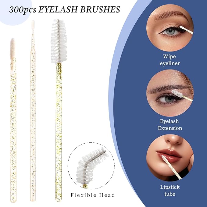 300 PCS Eyelash Extension Supplies Kit, Disposable Micro Applicator Brush, Eyebrow Lash Spoolie, Lip Brush, Mascara Wand Applicator (Crystal gold handle white kits)
