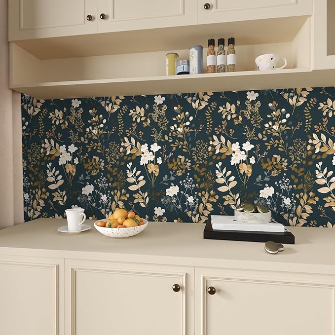 Laatse Navy Floral Wallpaper Peel and Stick Boho Wallpaper Vintage Blue/Gold Leaf Contact Paper Waterproof Self Adhesive Modern Wall Paper for Cabinet Walls Kitchen 17.5" x197"