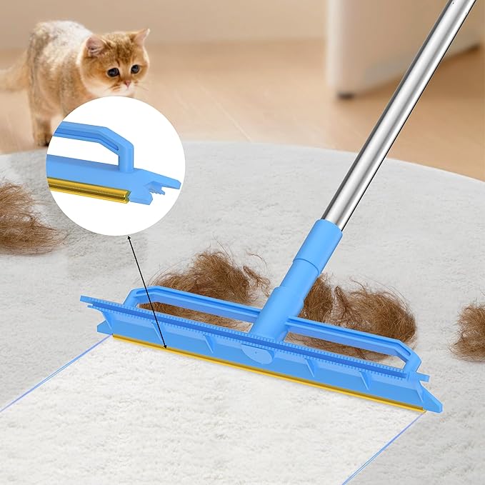 Double-Sided Carpet Rake – Long Handle Pet Hair Removal Tool for Carpets, Furniture & Car Interiors, Adjustable & Durable Stainless Steel Hair Remover Sweeper