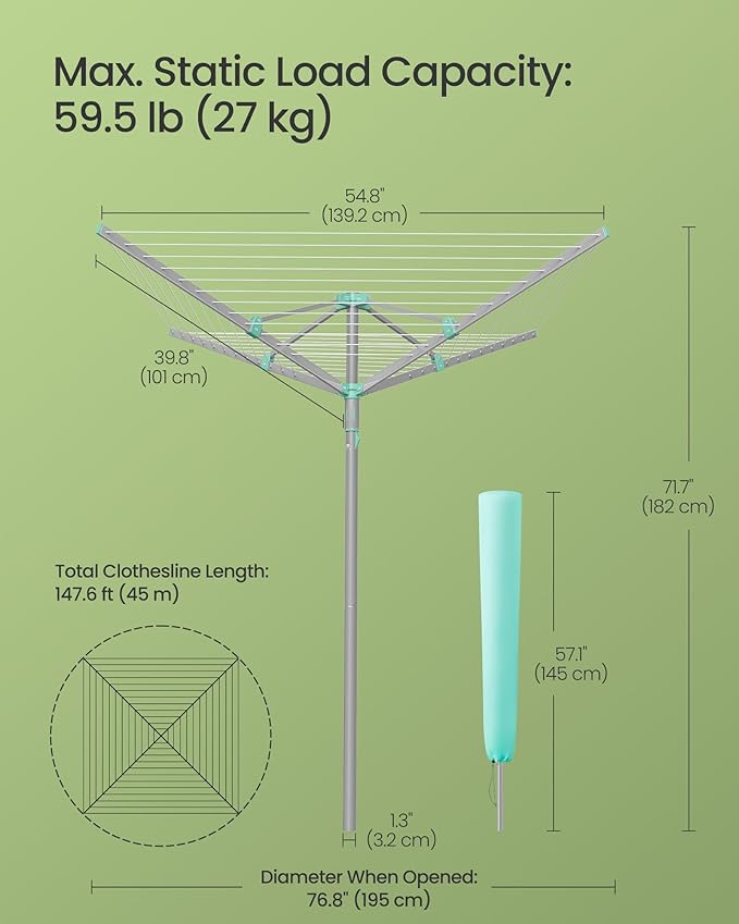 SONGMICS Umbrella Clothesline, Rotary Washing Line, Foldable Heavy-Duty Outdoor Clothes Drying Rack with Clips, Cover, Ground Anchor, 147.6 ft (45 m) Long for 4 Loads of Laundry, Silver ULLR306EZ01