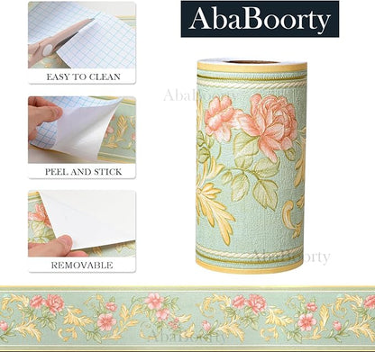 AbaBoorty 394"X4.1" Green Floral Wallpaper Border Decor Peel and Stick Wall Border Waterproof Tiles Sticker Wallpaper Self Adhesive Removable Wall Stickers for Bedroom Living Room Decor