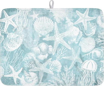 Summer Sea Shell Drying Mat 24x18 Inch, Teal Starfish Drying Mat with Absorbent Reversible Microfiber, Coastal Dish Drainer Mats Holiday Ocean Rack Pad for Coffee Countertop Kitchen Protector