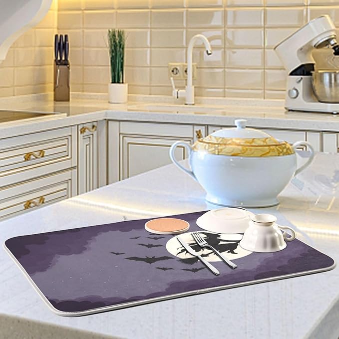 Halloween Flying Witch Oversized Dish Drying Mat Dish Drying Pad for Kitchen Counter Heat Resisant Mat 16 x 18 Drying Matt