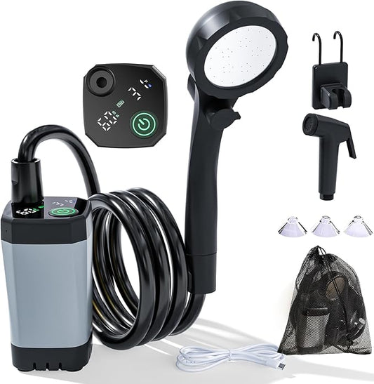 Clirass Portable Shower for Camping, 6000mAh Rechargeable Camping Shower Pump with Power & Temperature Display, Shower Head and Bidet Sprayer,Outdoor Shower Pump for Hiking, Travel, Pet